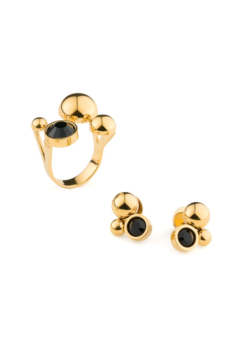 Solar Crystal Golden Black Earrings And Ring Set