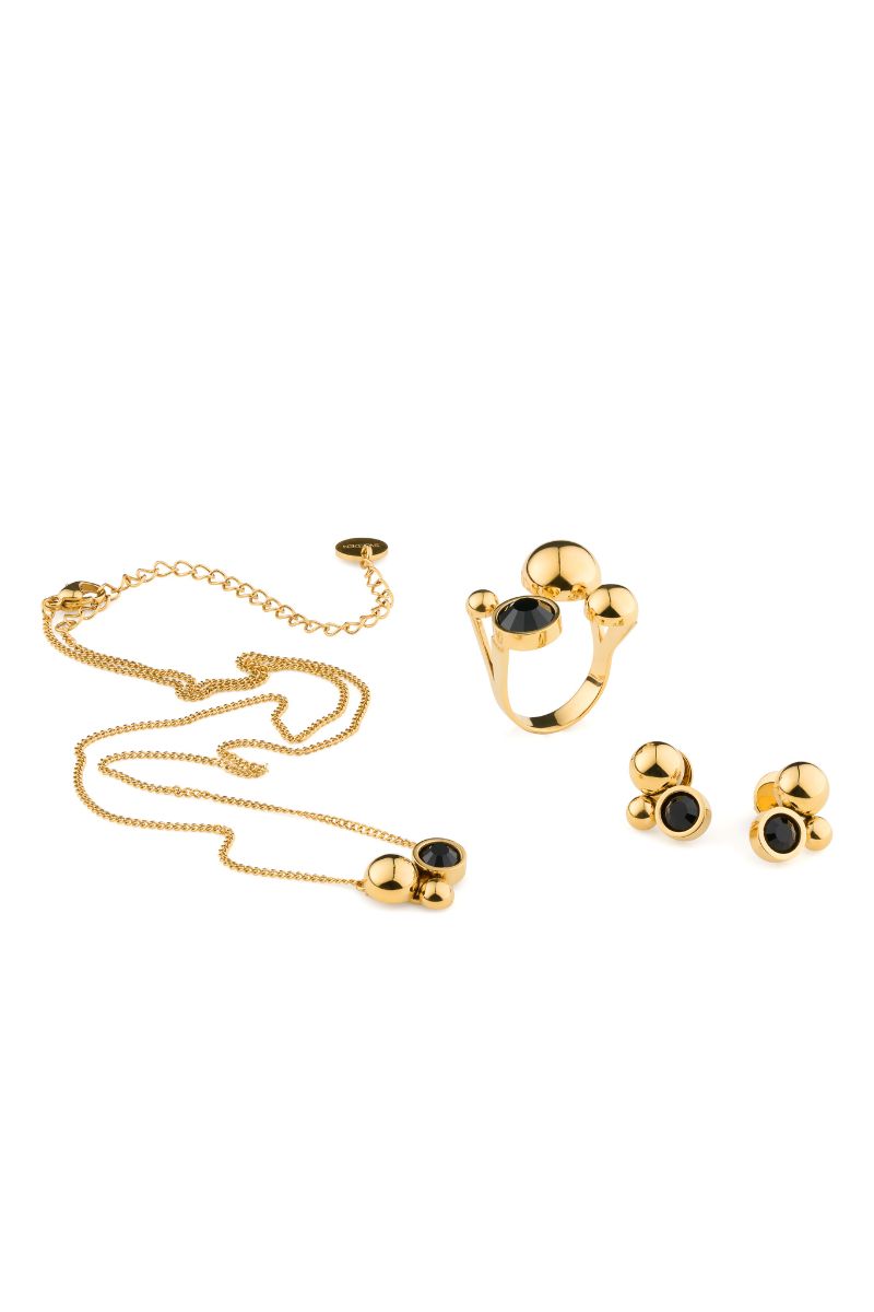 Solar Crystal Black Golden Earrings And Ring And Necklace Set