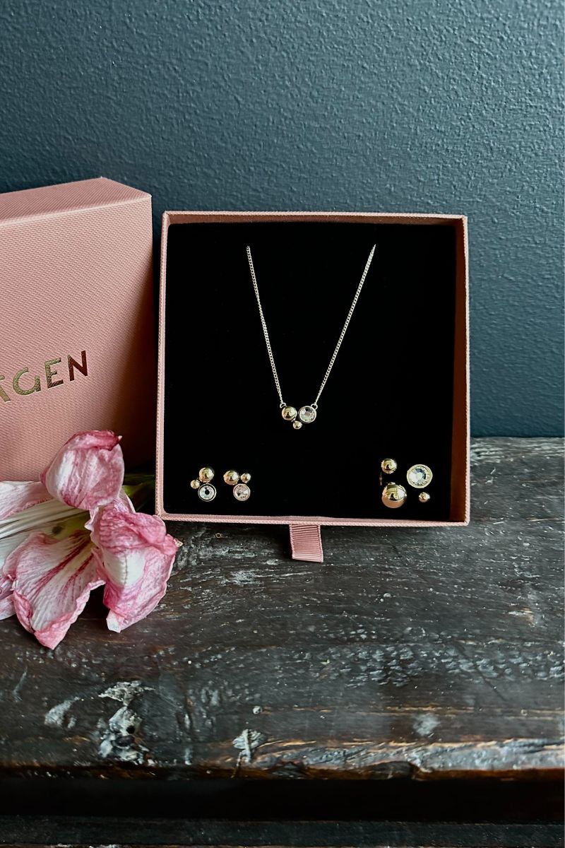 Solar Crystal Clear Golden Earrings And Ring And Necklace Set